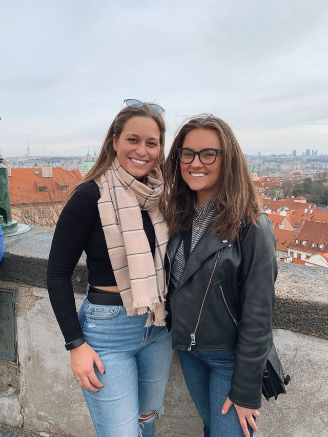 Photo with a friend overlooking parts of Prague, Czech Republic