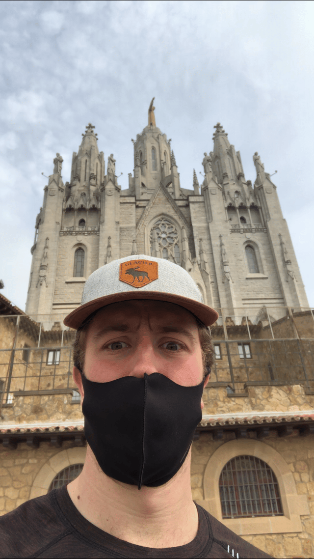 In front of a stoic temple at Mt. Tibidabo.