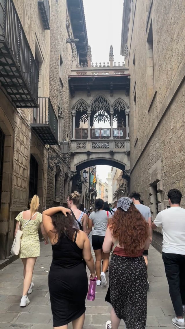 Several students on a walking tour of the Gothic Quarter in Barcelona