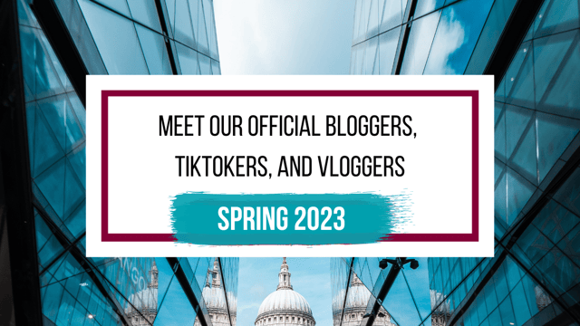 a text graphic saying "Meet our official bloggers, tiktokers, and vloggers for spring 2023" over an office building and cathedral in London