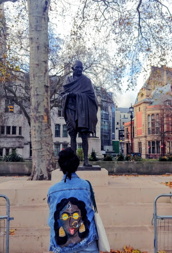CAPAStudyAbroad_London_Fall 2019_Uma Balaji_Uma in front of Gandhi Statue