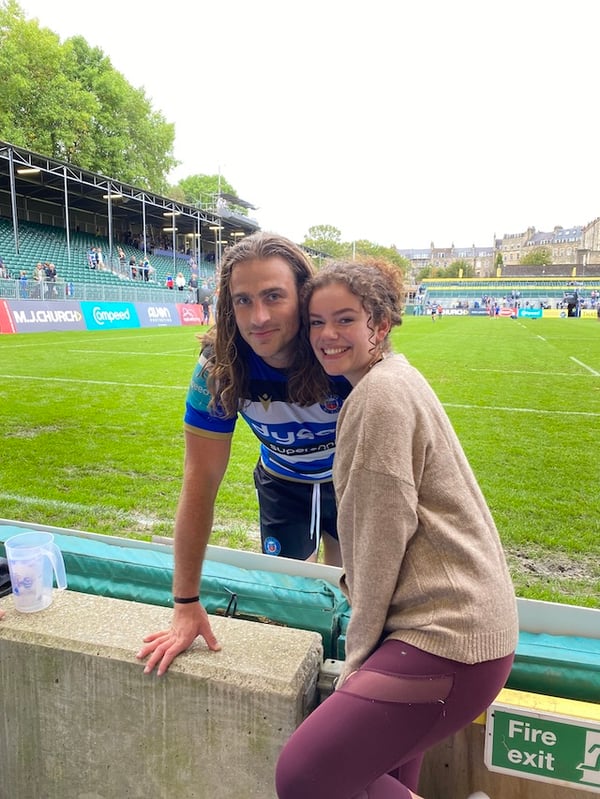 With one of the Bath rugby players, Max Clark, after the match