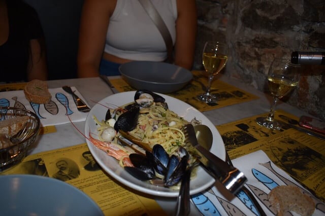 Seafood pasta in the middle of the table