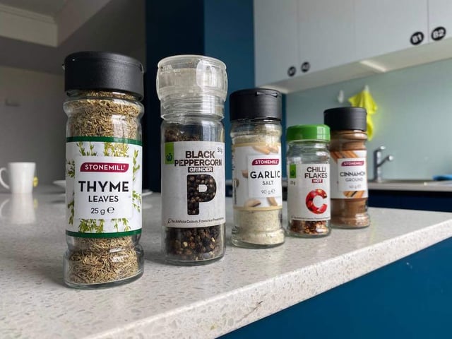 5 bottles of seasonings and spices