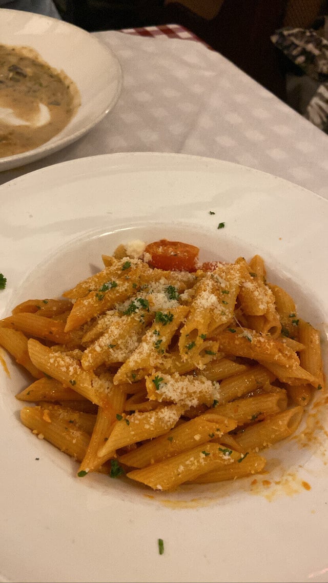 A white plate of penne pasta with sauce
